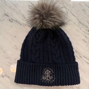 Ralph Lauren Dark Blue Cable Knit Beanie with Pom-Pom